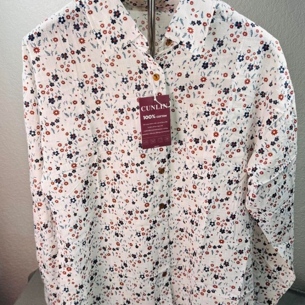 CUNLIN‎ White Floral Button Up Shirt Women's Cottagecore Long Sleeve Blouse